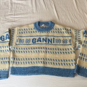 Ganni Cream and Blue Crewneck Sweater
